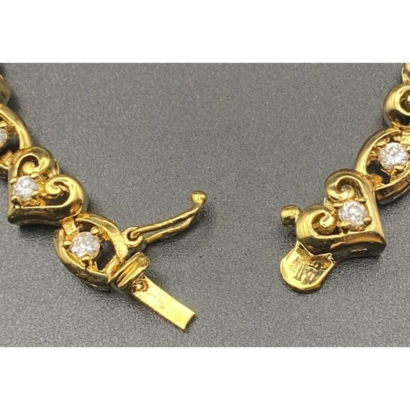 Yellow Gold Plated  Bracelet Heart Oval Link CZ Tennis 7" Safety Clasp Romantic - Picture 4 of 4